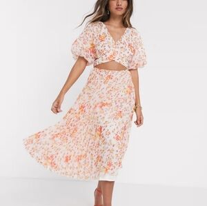 ASOS DESIGN wrap around pleated midi dress in floral print Small 4 Orange Yellow